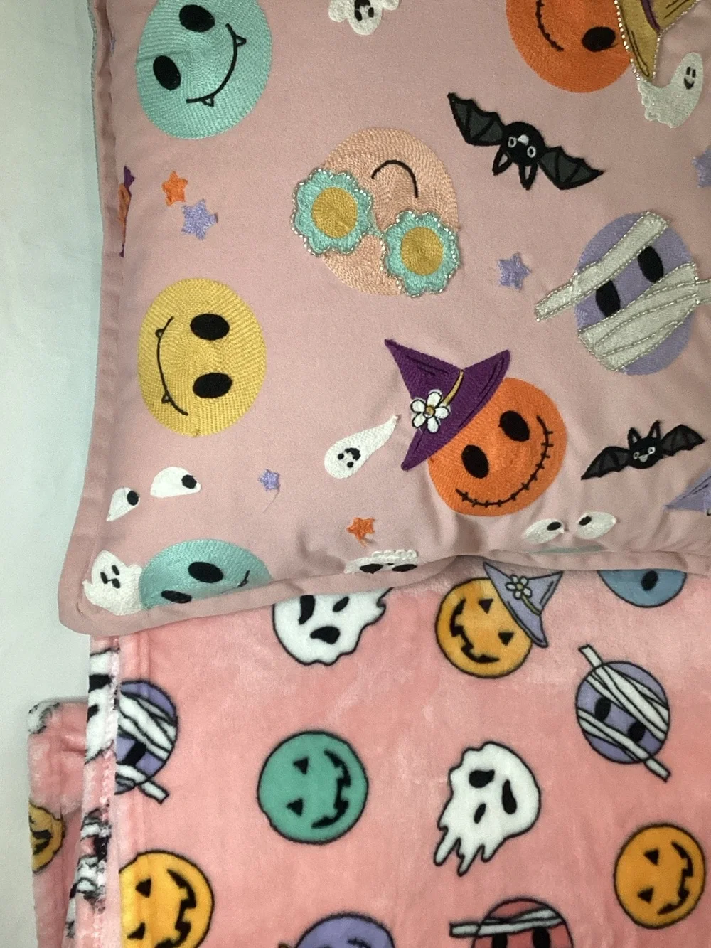 Pink Halloween Emoji Pillowcase and Throw Set